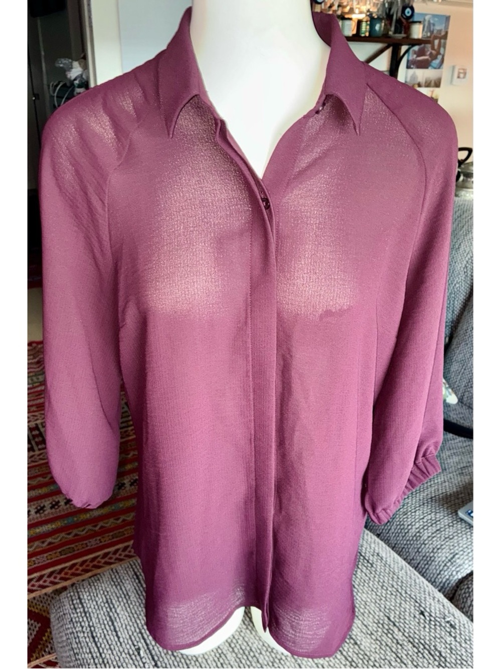 NWT $49.90 Express 3/4 Slv Button-up Dark Burgundy Blouse, Sz M